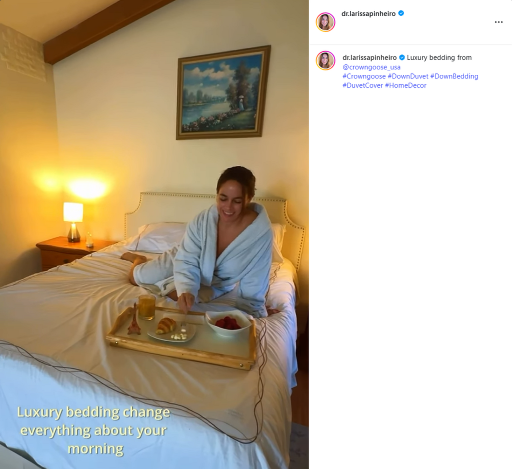 Crown Goose Hotel Bedding Collection Captured in the Luxury Bedroom of Global Influencer Larissa Pinheiro